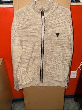 Guess ‘Charles’ Men's Cream Marled Zip-Up Sweater with Black Trim